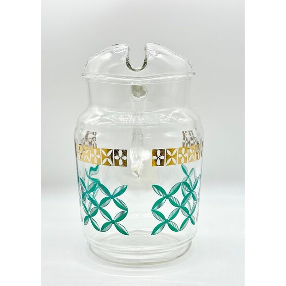 Vintage MCM Federal glass juice carafe jug pitcher gold trim teal green design - Picture 5 of 9